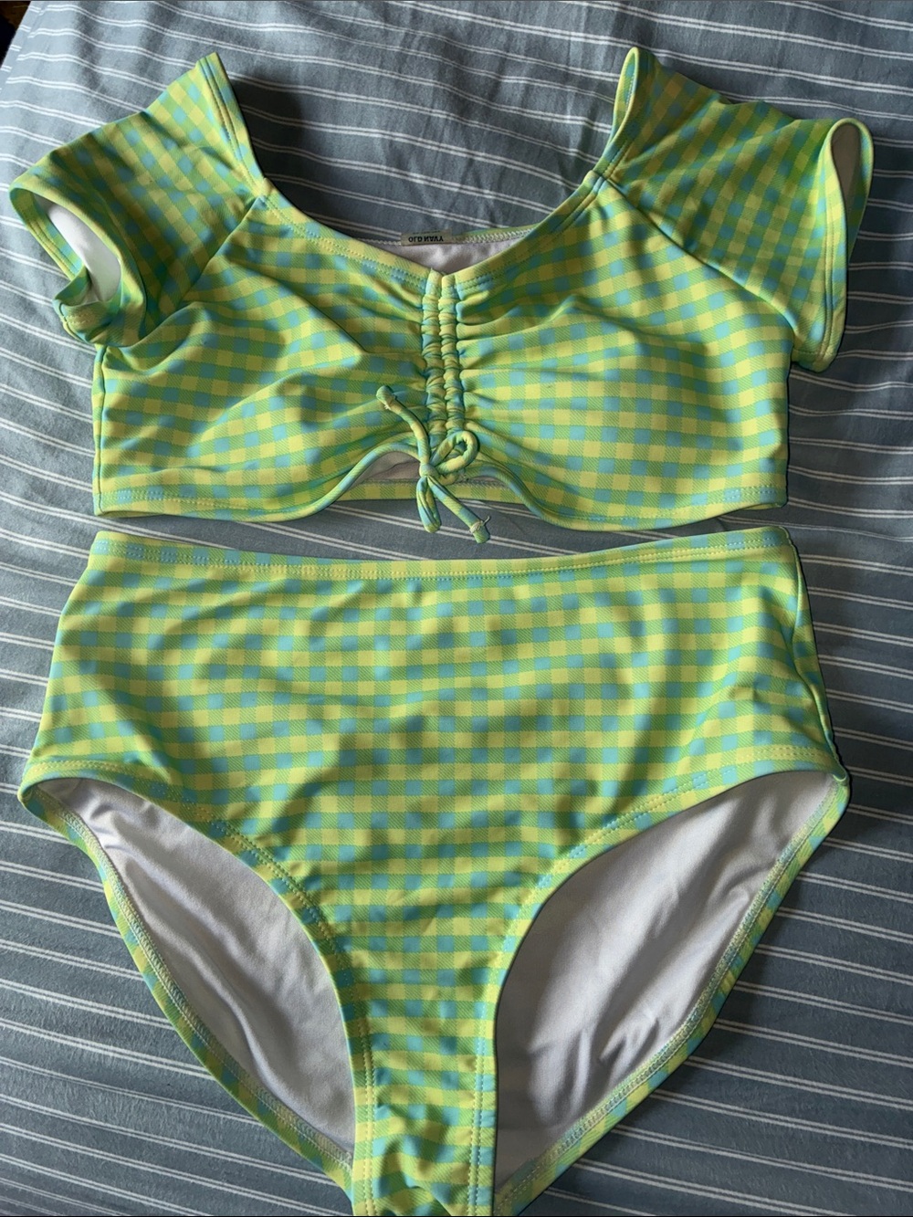 Old Navy Girls Green and Yellow Gingham Two-Piece Swim Set